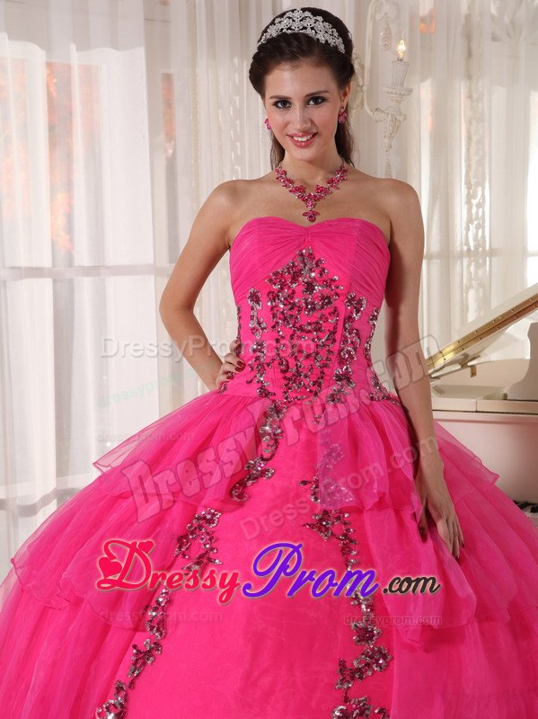 Sweetheart Hot Pink Ball Gown Quinceanera Dress with Organza and Paillette