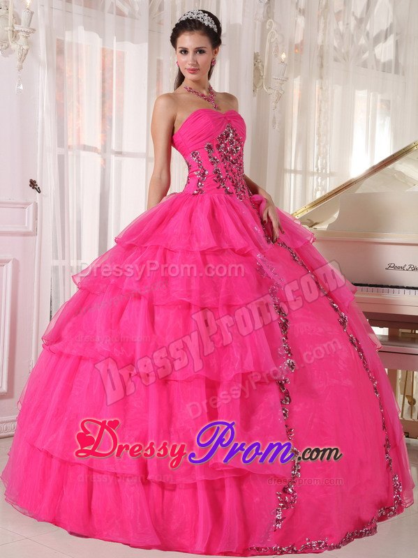 Sweetheart Hot Pink Ball Gown Quinceanera Dress with Organza and Paillette