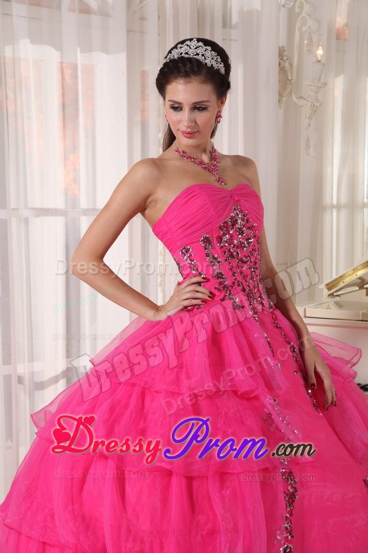 Sweetheart Hot Pink Ball Gown Quinceanera Dress with Organza and Paillette