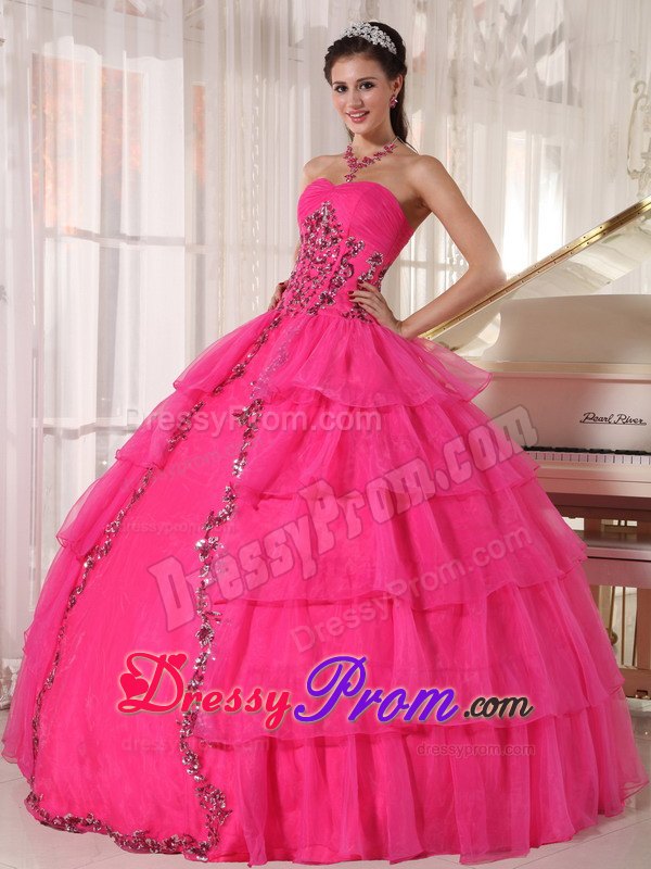 Sweetheart Hot Pink Ball Gown Quinceanera Dress with Organza and Paillette