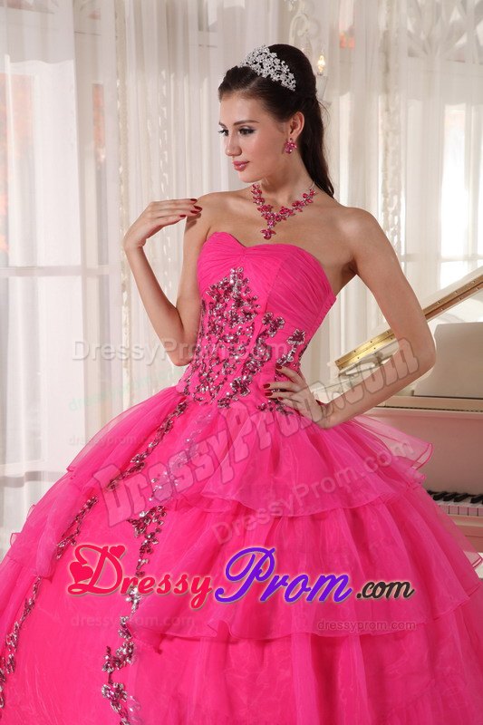 Sweetheart Hot Pink Ball Gown Quinceanera Dress with Organza and Paillette
