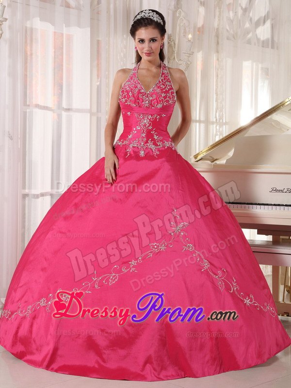 Halter Red Ball Gown Taffeta Floor-length Quinceanera Dress with Appliques