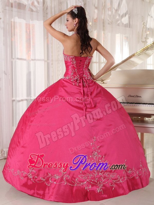 Halter Red Ball Gown Taffeta Floor-length Quinceanera Dress with Appliques