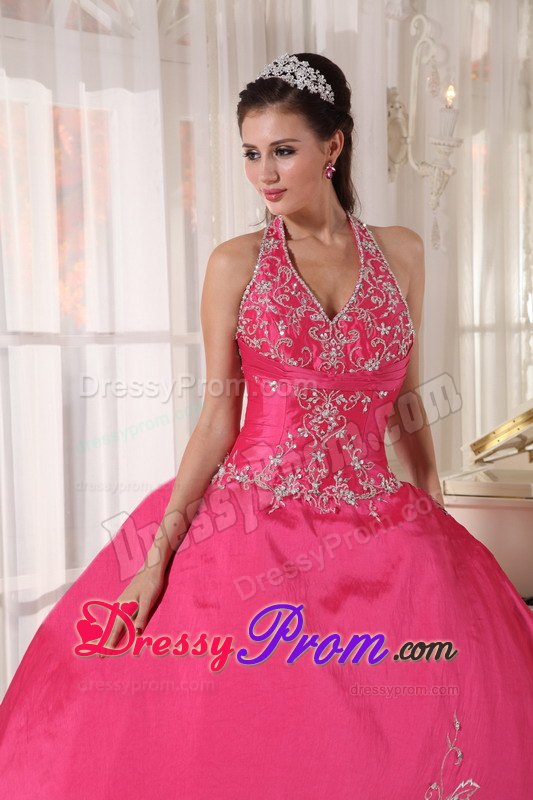 Halter Red Ball Gown Taffeta Floor-length Quinceanera Dress with Appliques