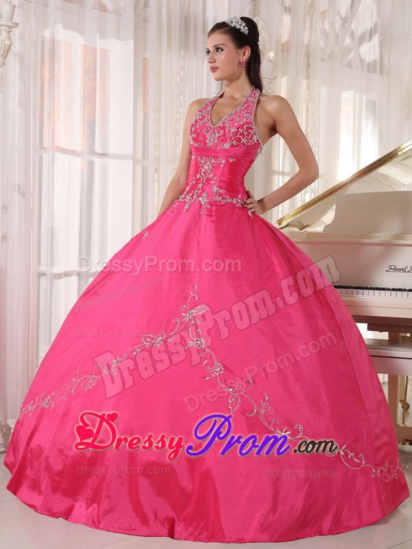 Halter Red Ball Gown Taffeta Floor-length Quinceanera Dress with Appliques