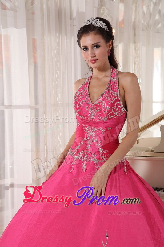 Halter Red Ball Gown Taffeta Floor-length Quinceanera Dress with Appliques