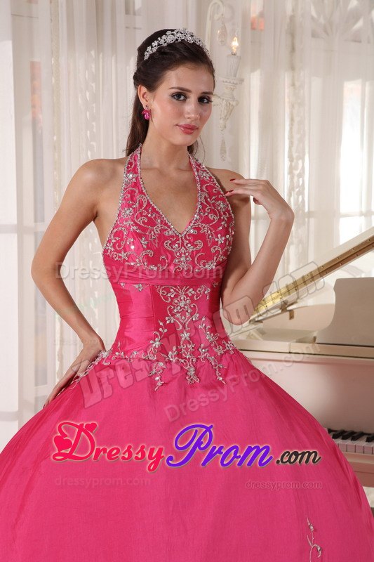 Halter Red Ball Gown Taffeta Floor-length Quinceanera Dress with Appliques