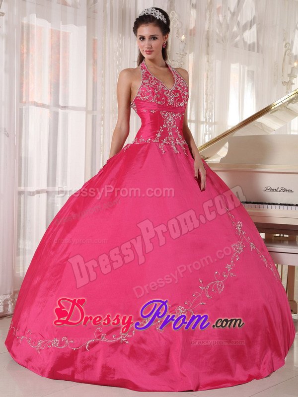 Halter Red Ball Gown Taffeta Floor-length Quinceanera Dress with Appliques