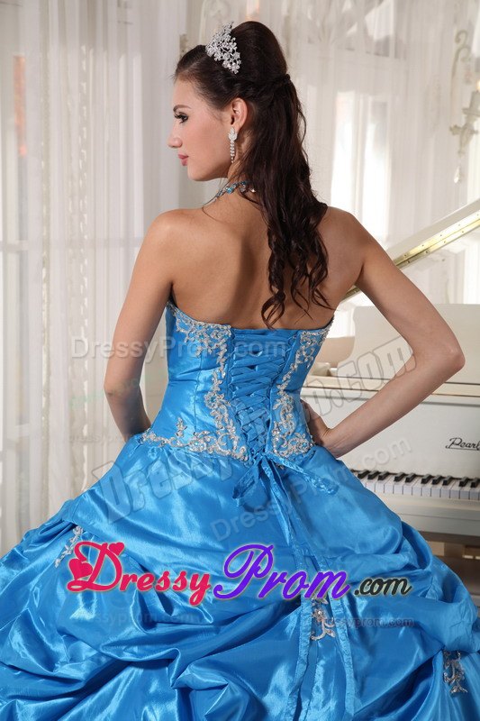 Blue Appliques Ball Gown Strapless Taffeta and Tulle Quinceanera Gowns