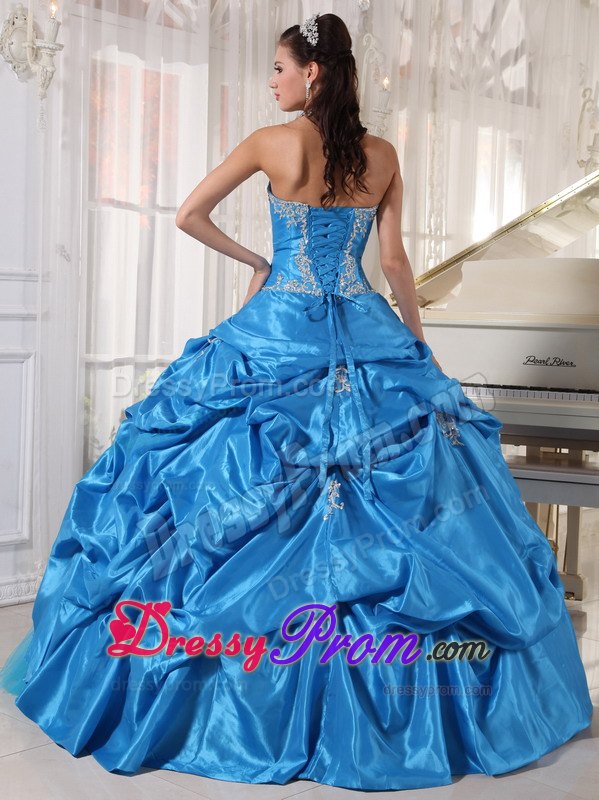 Blue Appliques Ball Gown Strapless Taffeta and Tulle Quinceanera Gowns
