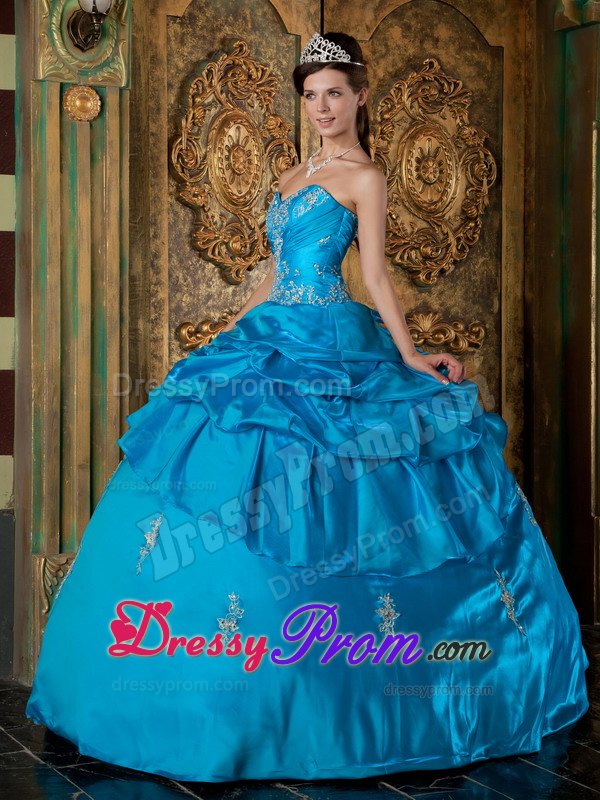 Sweetheart Teal Ball Gown Quinceanera Dress with Appliques and Pick-ups