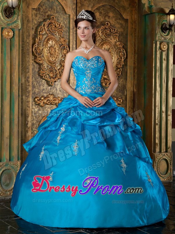 Sweetheart Teal Ball Gown Quinceanera Dress with Appliques and Pick-ups