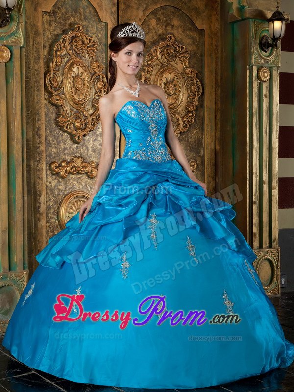 Sweetheart Teal Ball Gown Quinceanera Dress with Appliques and Pick-ups