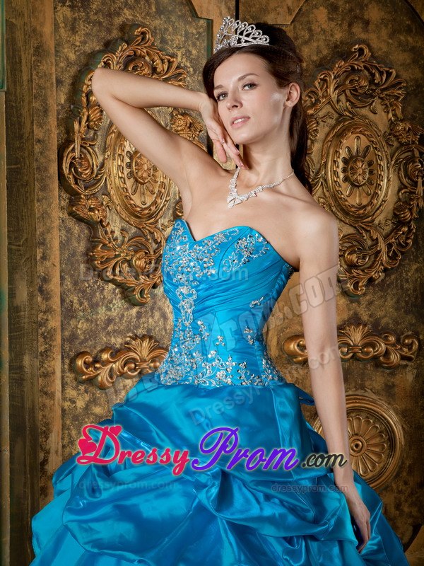 Sweetheart Teal Ball Gown Quinceanera Dress with Appliques and Pick-ups