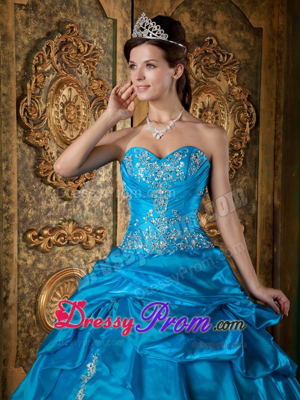 Sweetheart Teal Ball Gown Quinceanera Dress with Appliques and Pick-ups