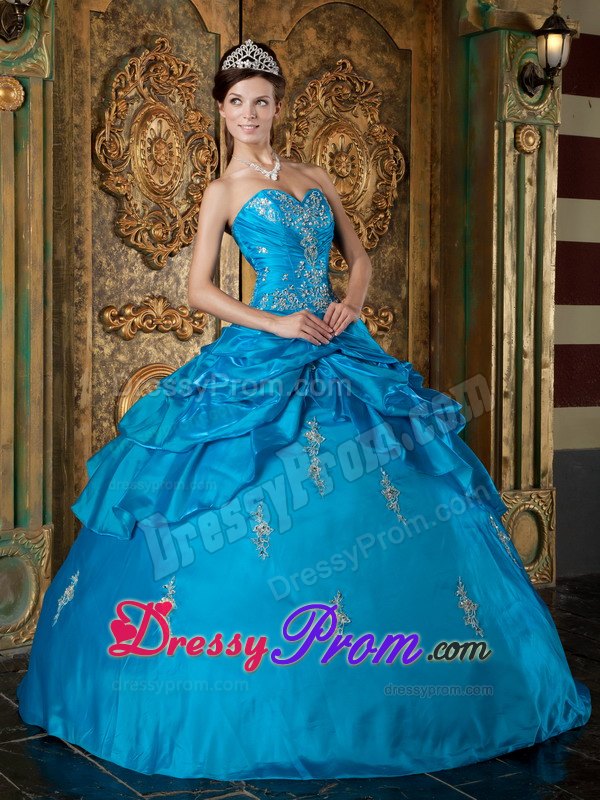 Sweetheart Teal Ball Gown Quinceanera Dress with Appliques and Pick-ups