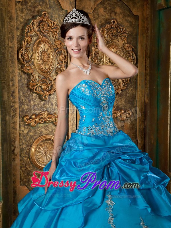 Sweetheart Teal Ball Gown Quinceanera Dress with Appliques and Pick-ups
