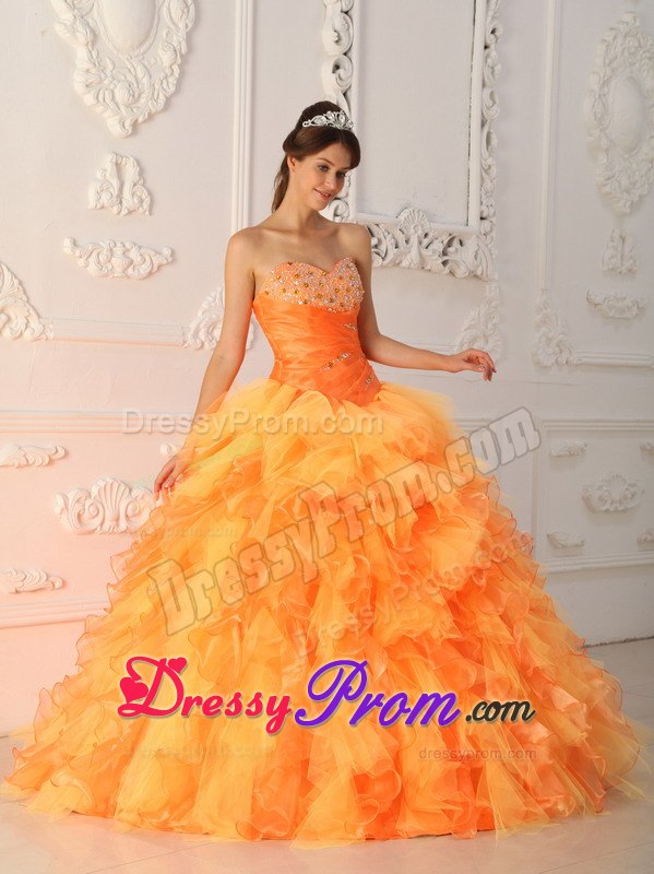 Sweetheart Orange Red Ball Gown Beading and Ruche Dresses Of 15