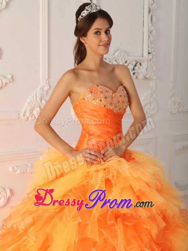 Sweetheart Orange Red Ball Gown Beading and Ruche Dresses Of 15
