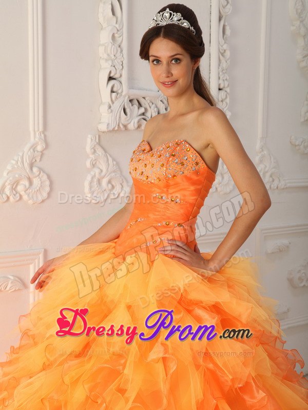 Sweetheart Orange Red Ball Gown Beading and Ruche Dresses Of 15