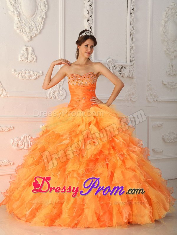 Sweetheart Orange Red Ball Gown Beading and Ruche Dresses Of 15