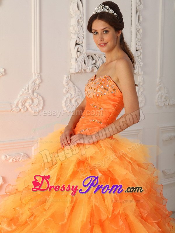 Sweetheart Orange Red Ball Gown Beading and Ruche Dresses Of 15