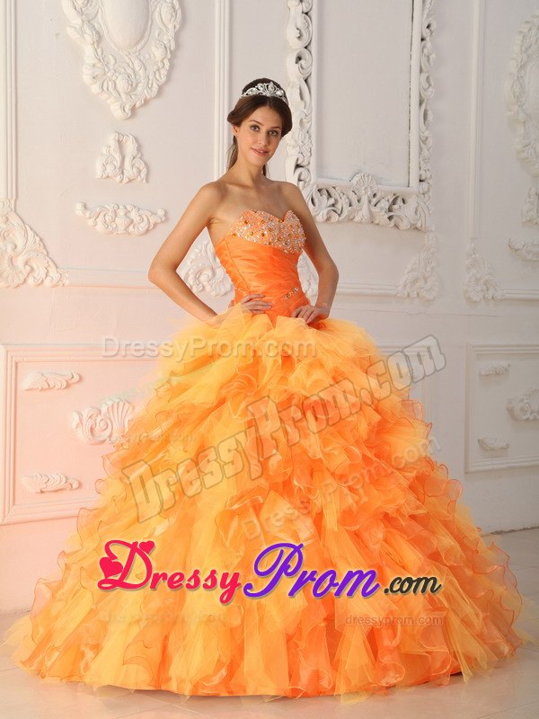 Sweetheart Orange Red Ball Gown Beading and Ruche Dresses Of 15