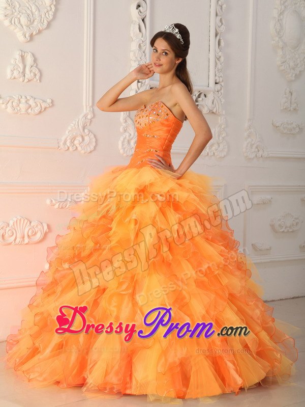 Sweetheart Orange Red Ball Gown Beading and Ruche Dresses Of 15