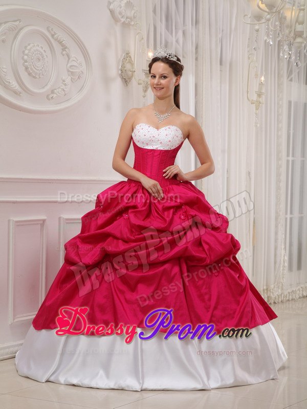 Sweetheart Beading and Pick-ups Quinceanera Dress in Hot Pink and White