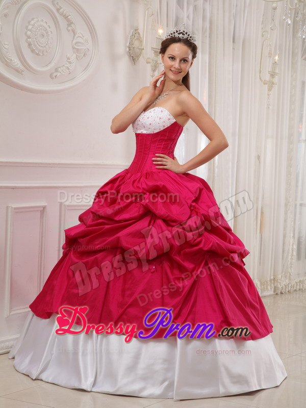 Sweetheart Beading and Pick-ups Quinceanera Dress in Hot Pink and White