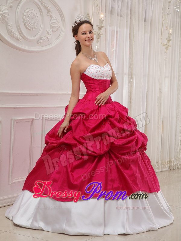 Sweetheart Beading and Pick-ups Quinceanera Dress in Hot Pink and White