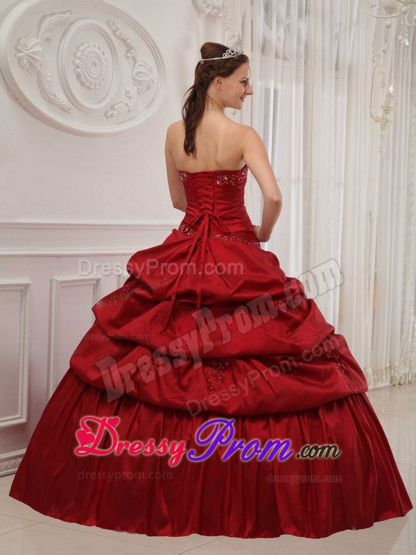 Ruffles Wine Red Strapless Floor-length Taffeta Dress For Quinceanera