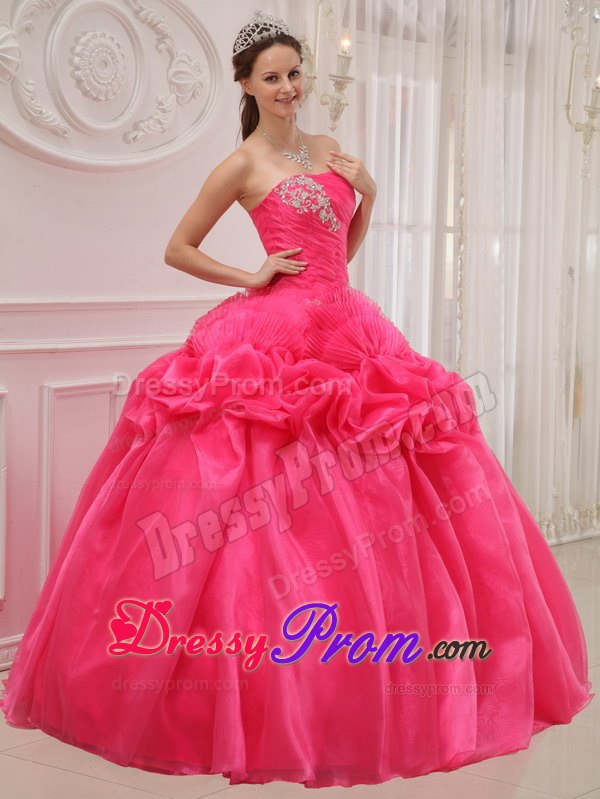 Ruche and Beading Quinceanera Dress Strapless Organza and Taffeta in Hot Pink