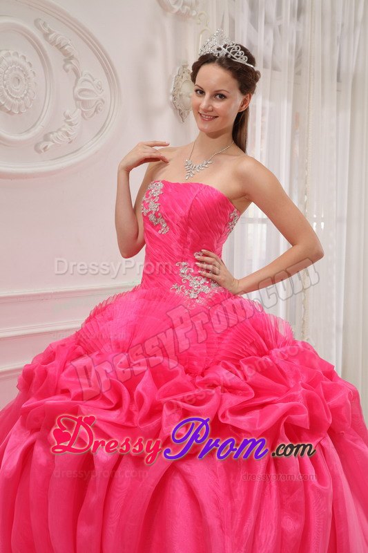 Ruche and Beading Quinceanera Dress Strapless Organza and Taffeta in Hot Pink