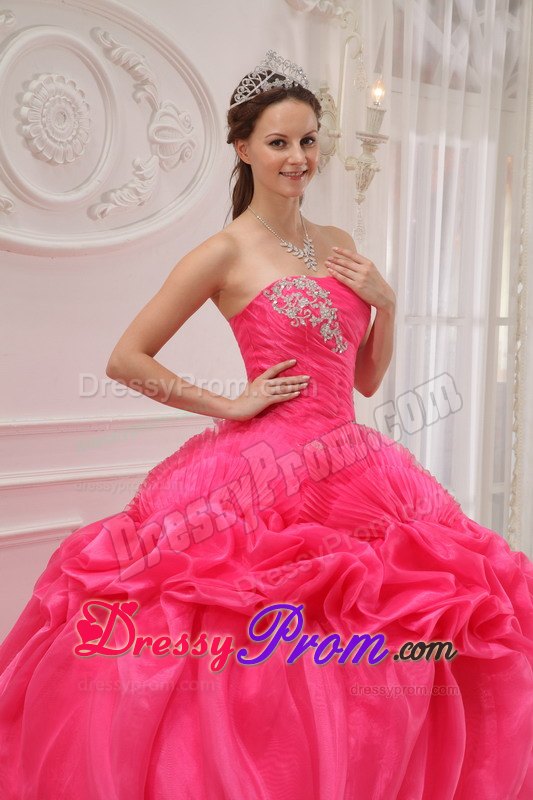 Ruche and Beading Quinceanera Dress Strapless Organza and Taffeta in Hot Pink