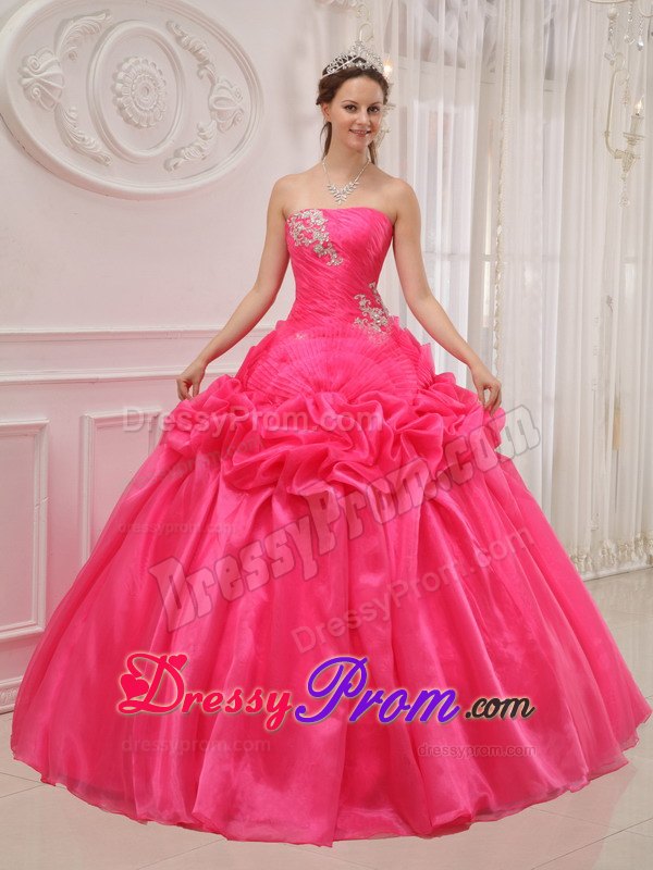 Ruche and Beading Quinceanera Dress Strapless Organza and Taffeta in Hot Pink