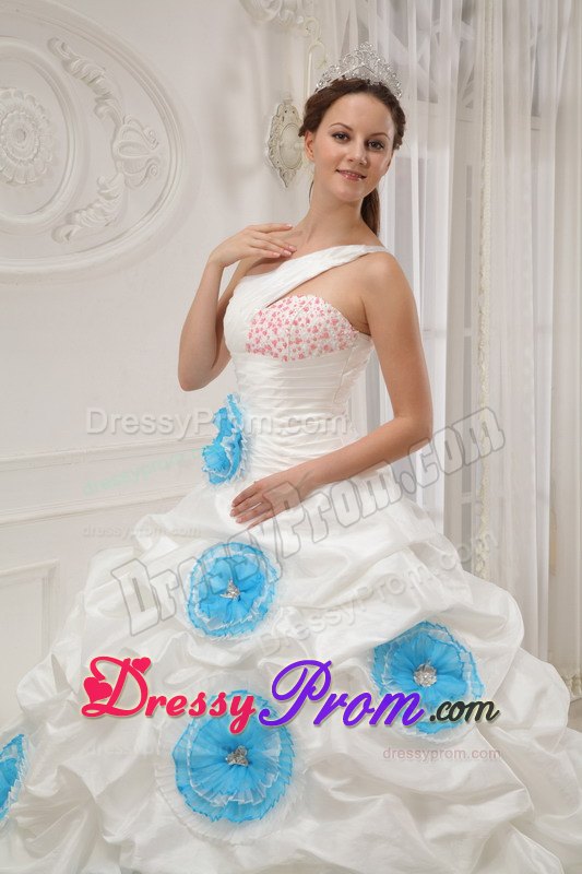 One Shoulder White Quinceanera Dress with Beading and Hand Flowers