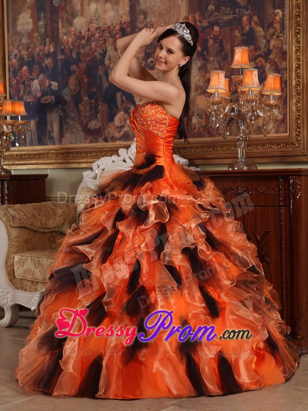 Ruffles Floor-length Organza Quinceanera Dress in Orange and Black
