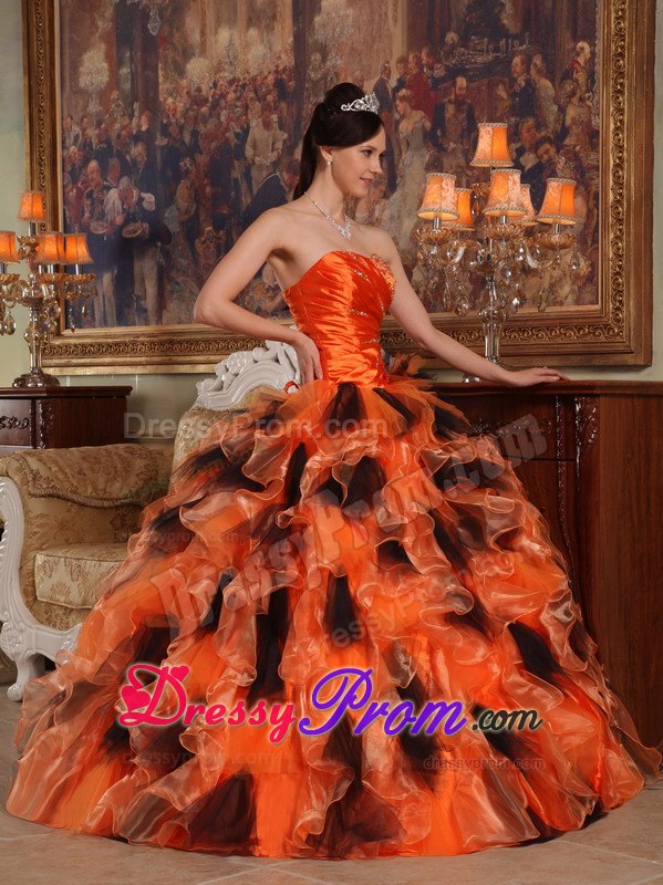 Ruffles Floor-length Organza Quinceanera Dress in Orange and Black