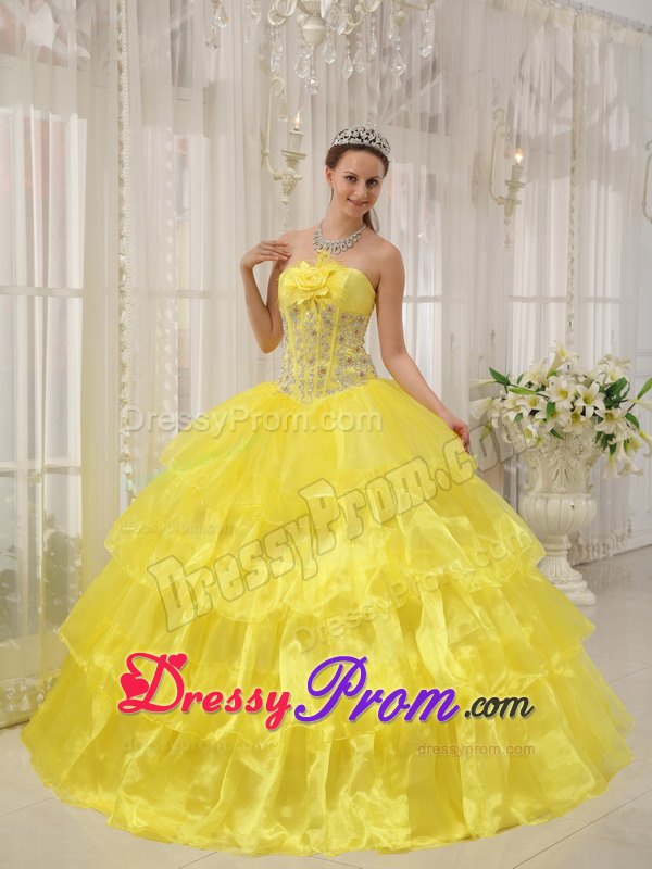 Beading Taffeta and Organza Yellow Ball Gown Strapless Dresses 15
