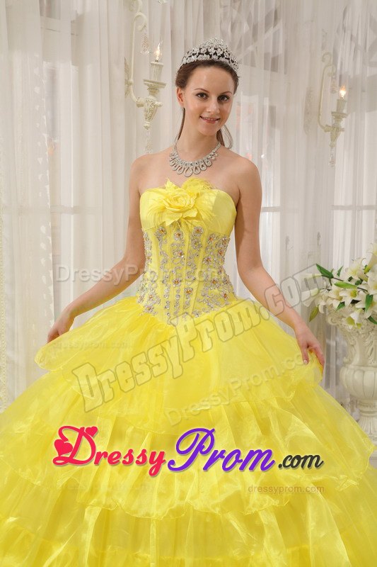 Beading Taffeta and Organza Yellow Ball Gown Strapless Dresses 15