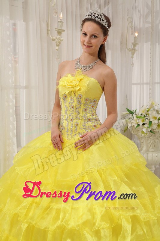 Beading Taffeta and Organza Yellow Ball Gown Strapless Dresses 15