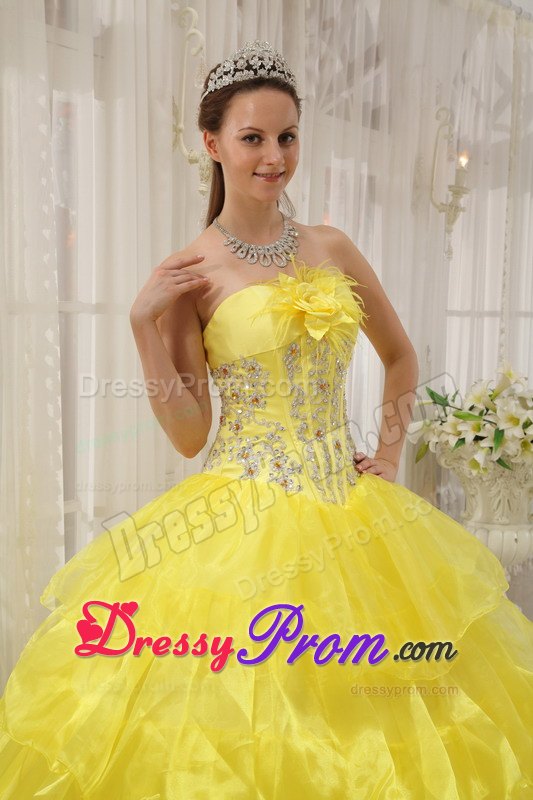 Beading Taffeta and Organza Yellow Ball Gown Strapless Dresses 15