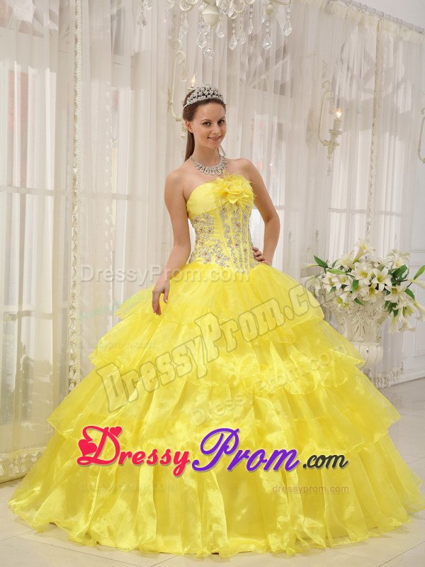 Beading Taffeta and Organza Yellow Ball Gown Strapless Dresses 15