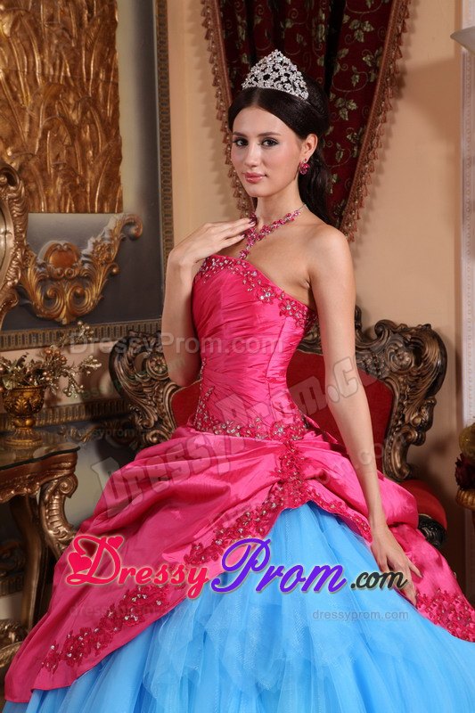 Strapless Appliques with Beading Quinceanera Dress in Red and Blue