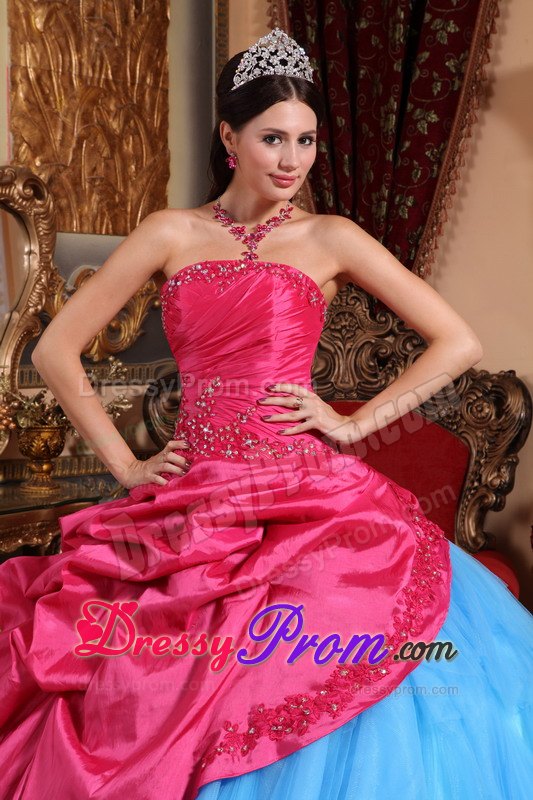 Strapless Appliques with Beading Quinceanera Dress in Red and Blue