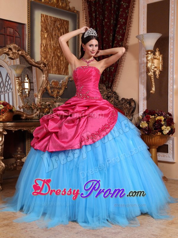 Strapless Appliques with Beading Quinceanera Dress in Red and Blue