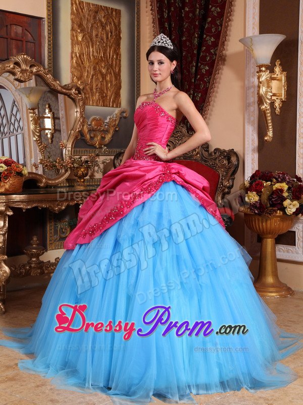 Strapless Appliques with Beading Quinceanera Dress in Red and Blue