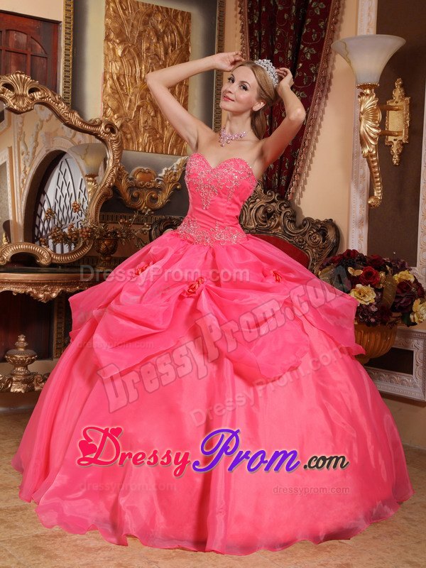 Coral Red Sweetheart Appliques Quinceanera Dress in Taffeta and Organza