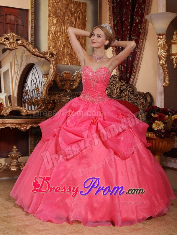 Coral Red Sweetheart Appliques Quinceanera Dress in Taffeta and Organza